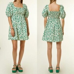 FRNCH Paris Emy Green Floral Puff Sleeve Smocked Mini Dress L